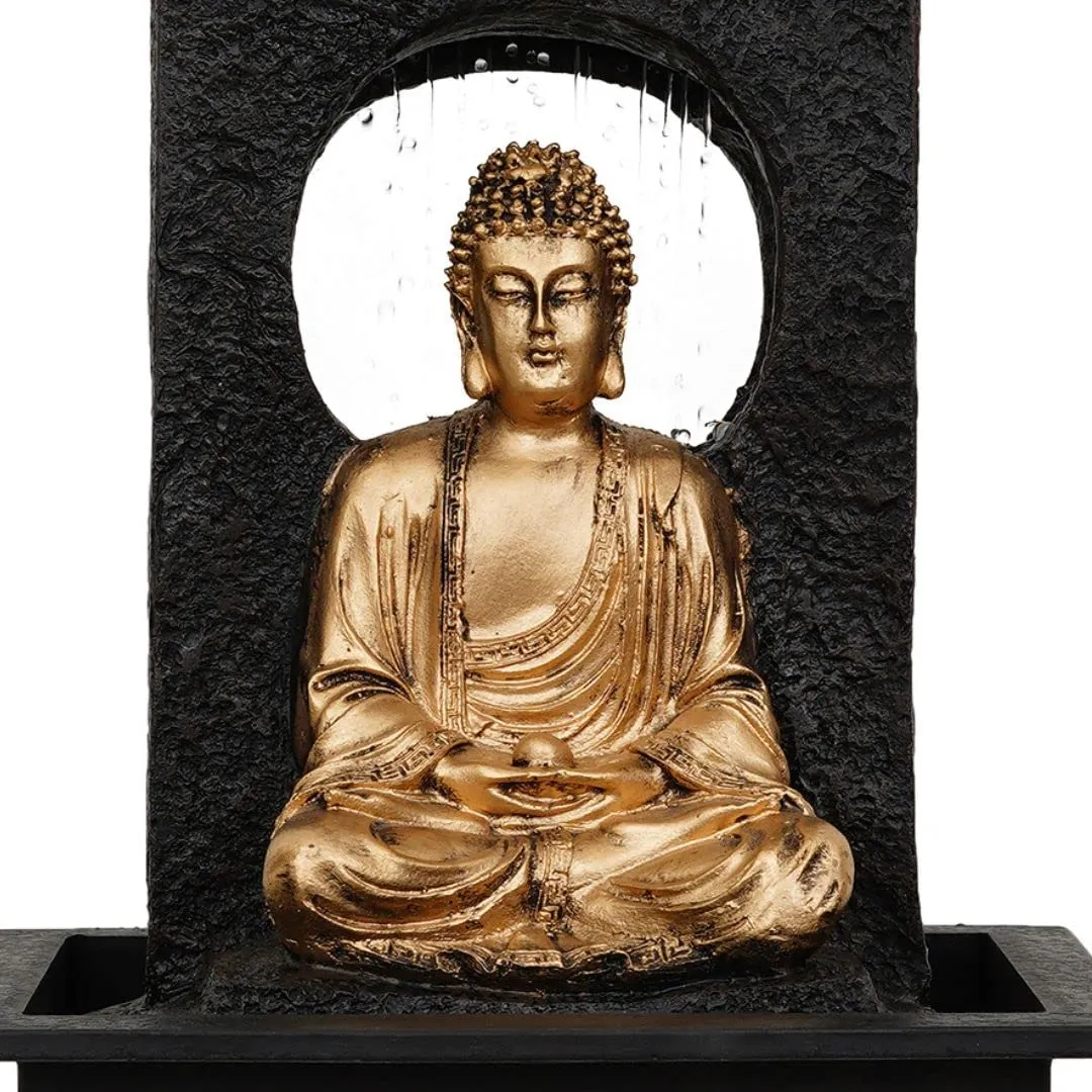 CHRONIKLE Polyresin Table Top Golden Brown Meditating Buddha Indoor Waterfall Fountain for Home Decor with Yellow LED Lights, Speed Controller Pump (Size: 38 x 22 x 29.5CM | Weight: 2120grm)