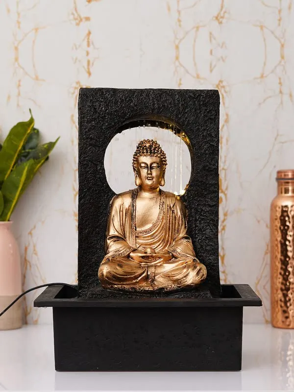 CHRONIKLE Polyresin Table Top Golden Brown Meditating Buddha Indoor Waterfall Fountain for Home Decor with Yellow LED Lights, Speed Controller Pump (Size: 38 x 22 x 29.5CM | Weight: 2120grm)