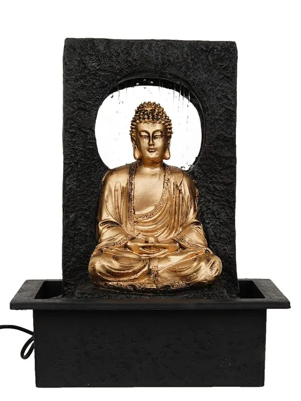 CHRONIKLE Polyresin Table Top Golden Brown Meditating Buddha Indoor Waterfall Fountain for Home Decor with Yellow LED Lights, Speed Controller Pump (Size: 38 x 22 x 29.5CM | Weight: 2120grm)