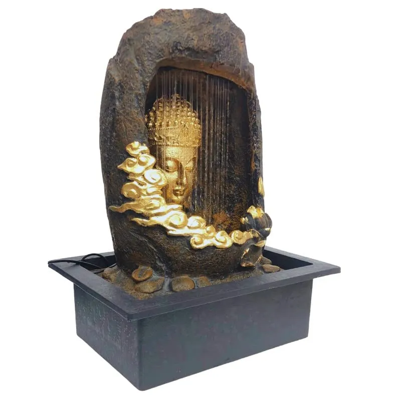 CHRONIKLE Polyresin Tabletop Gold Brown Meditating Buddha Sitting in Cave Style Indoor Front Curtain Waterfall Fountain for Home Decor with LED Light, Speed Controller Pump (Size: 40 x 22 x 29.5CM)