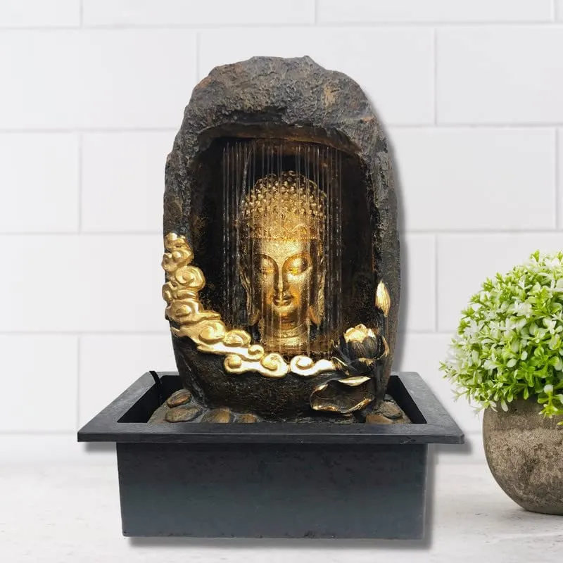 CHRONIKLE Polyresin Tabletop Gold Brown Meditating Buddha Sitting in Cave Style Indoor Front Curtain Waterfall Fountain for Home Decor with LED Light, Speed Controller Pump (Size: 40 x 22 x 29.5CM)