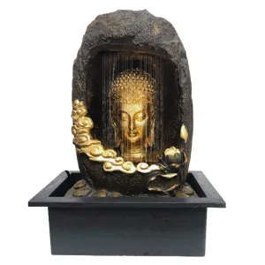 CHRONIKLE Polyresin Tabletop Gold Brown Meditating Buddha Sitting in Cave Style Indoor Front Curtain Waterfall Fountain for Home Decor with LED Light, Speed Controller Pump (Size: 40 x 22 x 29.5CM)