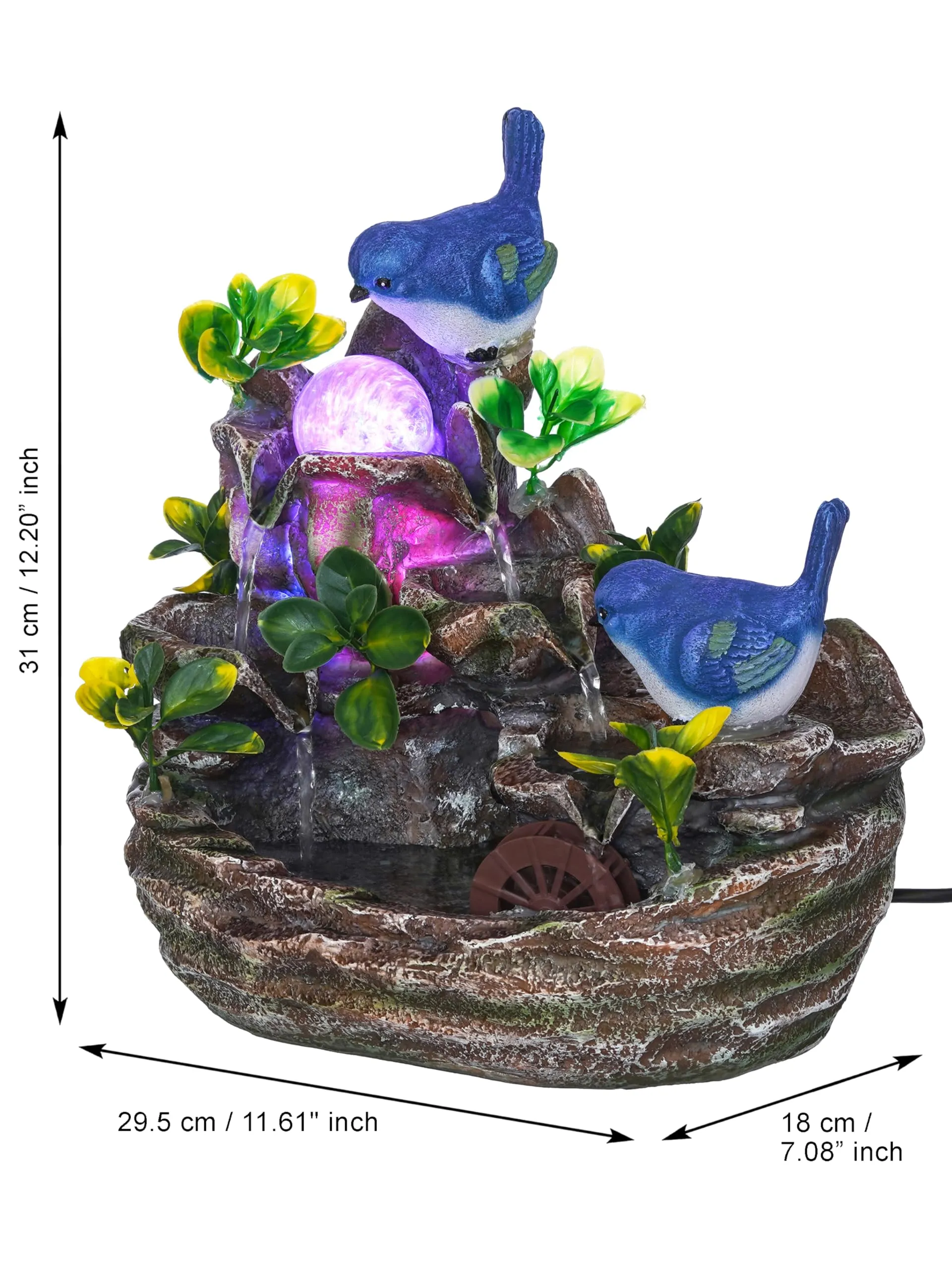 CRAFT SMITH Polyresin Blue Birds Tabletop 3 Steps Indoor Water Fountain for Home Decor with LED, Speed Controller Pump & Crystal Ball (Size: 29.5 x 18 x 31 CM |Colour: Multi|Weight: 1870 Gram)