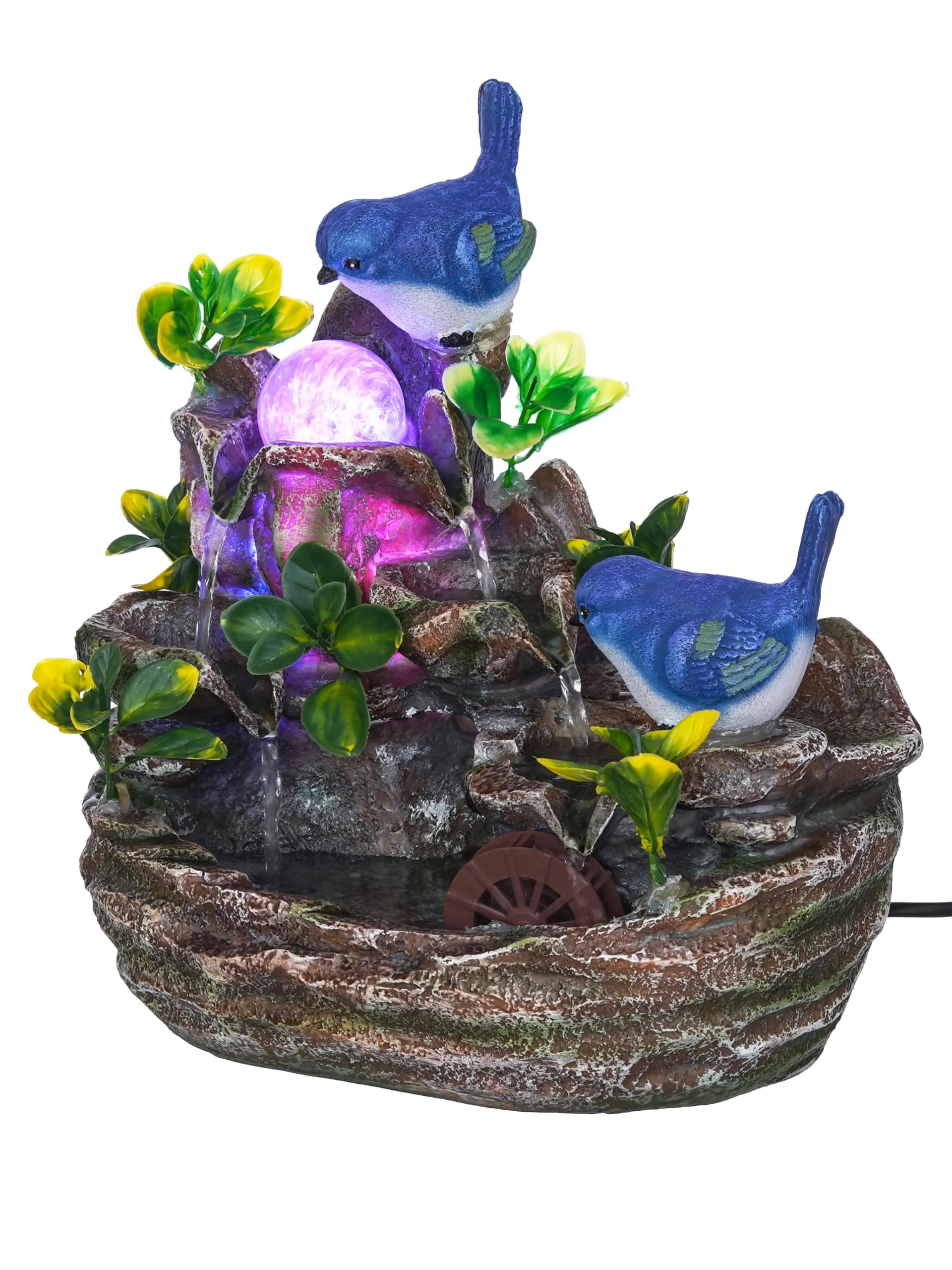 CRAFT SMITH Polyresin Blue Birds Tabletop 3 Steps Indoor Water Fountain for Home Decor with LED, Speed Controller Pump & Crystal Ball (Size: 29.5 x 18 x 31 CM |Colour: Multi|Weight: 1870 Gram)