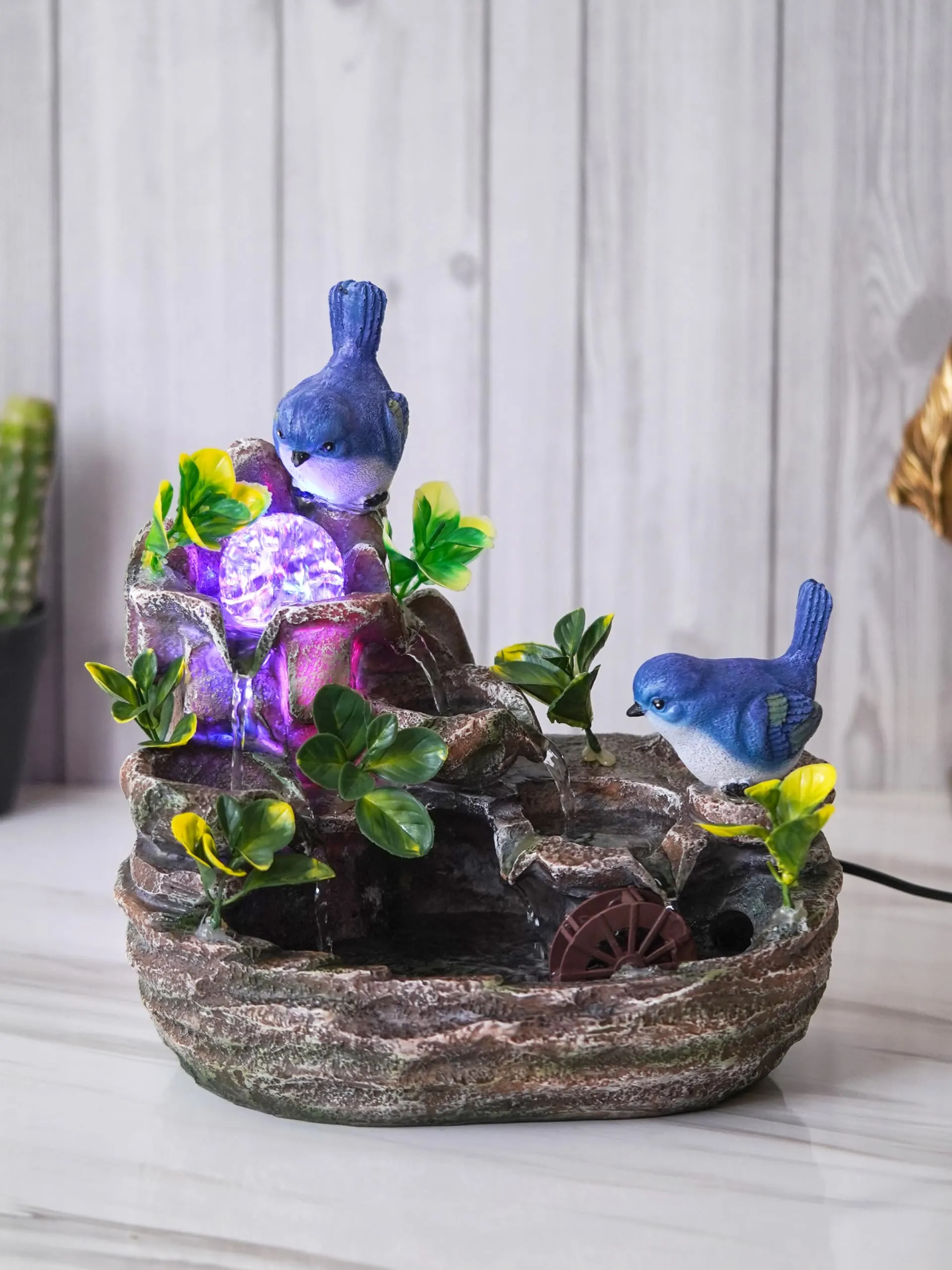 CRAFT SMITH Polyresin Blue Birds Tabletop 3 Steps Indoor Water Fountain for Home Decor with LED, Speed Controller Pump & Crystal Ball (Size: 29.5 x 18 x 31 CM |Colour: Multi|Weight: 1870 Gram)