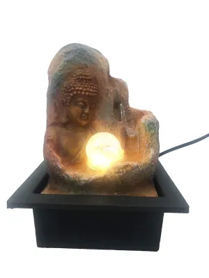 CRAFT SMITH Polyresin Brown Buddha Table Top Home Decor Indoor 3 Steps Water Fountain with Yellow LED Lights, Water Flow Controller Pump and Crystal Ball (Size: 27 x 21 x 18.5 CM | Weight: 1230 gram)