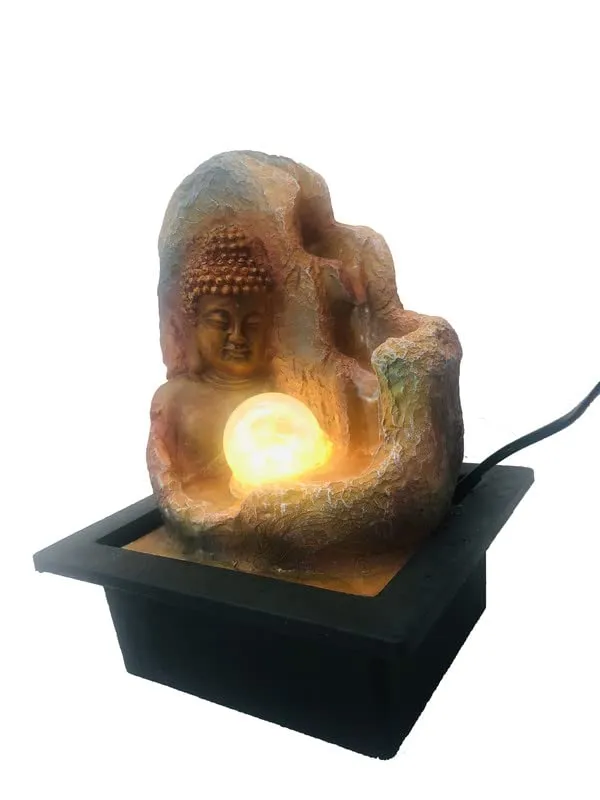 CRAFT SMITH Polyresin Brown Buddha Table Top Home Decor Indoor 3 Steps Water Fountain with Yellow LED Lights, Water Flow Controller Pump and Crystal Ball (Size: 27 x 21 x 18.5 CM | Weight: 1230 gram)