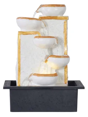 CRAFT SMITH Polyresin Designer Golden White Up to Down 5 Diya Steps Table Top Indoor Water Fountain for Home Decor with Speed Controller Pump & Yellow LED Light (Size: 40 x 29.5 x 22CM | Wt: 1865grm)