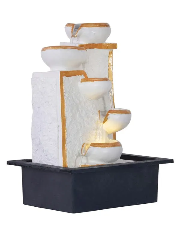 CRAFT SMITH Polyresin Designer Golden White Up to Down 5 Diya Steps Table Top Indoor Water Fountain for Home Decor with Speed Controller Pump & Yellow LED Light (Size: 40 x 29.5 x 22CM | Wt: 1865grm)