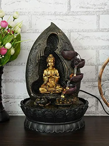 CRAFT SMITH Polyresin Golden Brown Buddha Showing Namaskara Mudra Table Top 4 Designer Steps Water Fountain for Home Decor with Speed Controller Pump & LED (Size: 40 x 25 x 25CM | Weight: 2020 Gram)