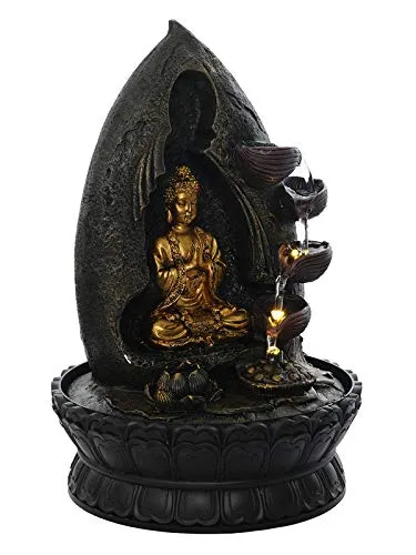 CRAFT SMITH Polyresin Golden Brown Buddha Showing Namaskara Mudra Table Top 4 Designer Steps Water Fountain for Home Decor with Speed Controller Pump & LED (Size: 40 x 25 x 25CM | Weight: 2020 Gram)