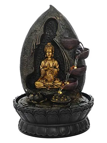 CRAFT SMITH Polyresin Golden Brown Buddha Showing Namaskara Mudra Table Top 4 Designer Steps Water Fountain for Home Decor with Speed Controller Pump & LED (Size: 40 x 25 x 25CM | Weight: 2020 Gram)