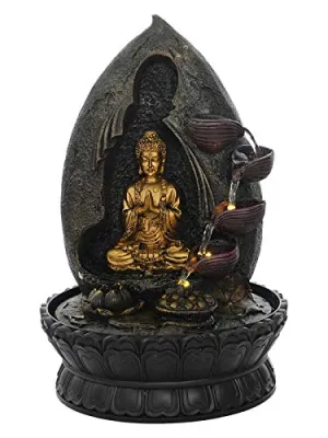 CRAFT SMITH Polyresin Golden Brown Buddha Showing Namaskara Mudra Table Top 4 Designer Steps Water Fountain for Home Decor with Speed Controller Pump & LED (Size: 40 x 25 x 25CM | Weight: 2020 Gram)