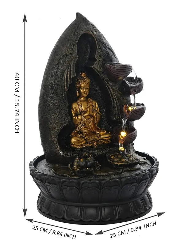 CRAFT SMITH Polyresin Golden Brown Buddha Showing Namaskara Mudra Table Top 4 Designer Steps Water Fountain for Home Decor with Speed Controller Pump & LED (Size: 40 x 25 x 25CM | Weight: 2020 Gram)