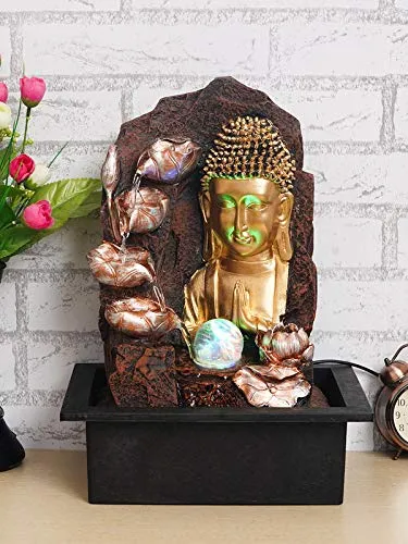 CRAFT SMITH Polyresin Golden Brown Buddha Table Top Home Decor Indoor 4 Artistic Steps Water Fountain with Multicolour LED, Speed Controller Pump & Ball (Size: 40 x 29.5 x 22CM | Weight: 2765grm)