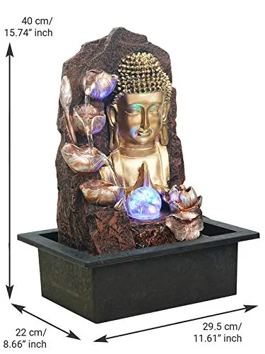 CRAFT SMITH Polyresin Golden Brown Buddha Table Top Home Decor Indoor 4 Artistic Steps Water Fountain with Multicolour LED, Speed Controller Pump & Ball (Size: 40 x 29.5 x 22CM | Weight: 2765grm)