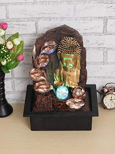 CRAFT SMITH Polyresin Golden Brown Buddha Table Top Home Decor Indoor 4 Artistic Steps Water Fountain with Multicolour LED, Speed Controller Pump & Ball (Size: 40 x 29.5 x 22CM | Weight: 2765grm)