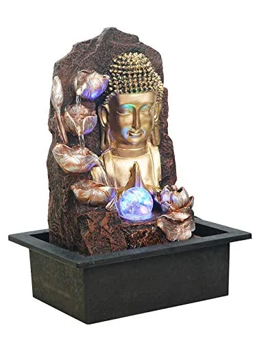 CRAFT SMITH Polyresin Golden Brown Buddha Table Top Home Decor Indoor 4 Artistic Steps Water Fountain with Multicolour LED, Speed Controller Pump & Ball (Size: 40 x 29.5 x 22CM | Weight: 2765grm)