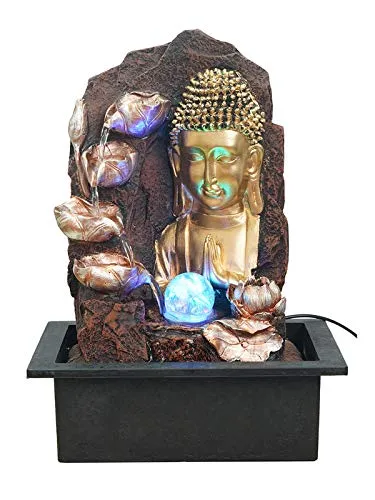 CRAFT SMITH Polyresin Golden Brown Buddha Table Top Home Decor Indoor 4 Artistic Steps Water Fountain with Multicolour LED, Speed Controller Pump & Ball (Size: 40 x 29.5 x 22CM | Weight: 2765grm)