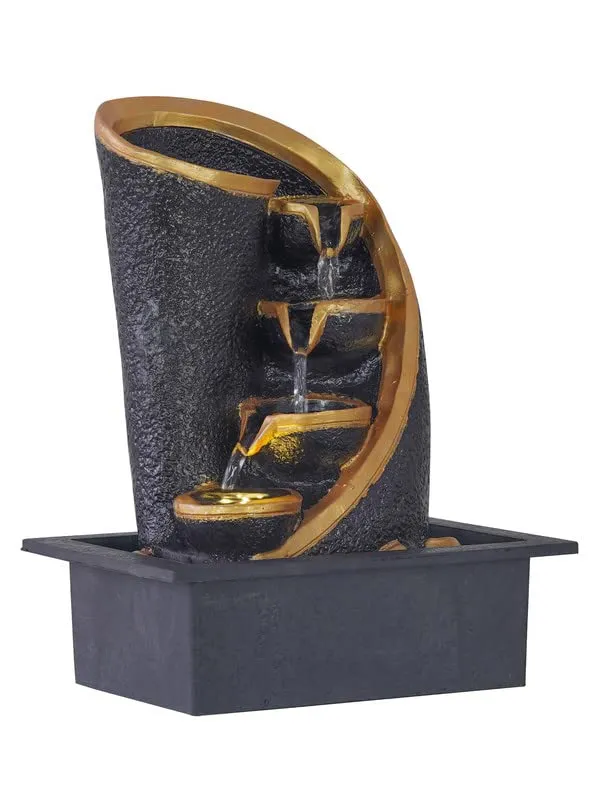 CRAFT SMITH Polyresin Table Top Chocolate Colour Indoor Home Decor 3 Designer Steps Waterfall Fountain with Yellow LED Lights & Speed Controller Pump (Size: 38 x 29.5 x 22CM | Weight: 1750grm)