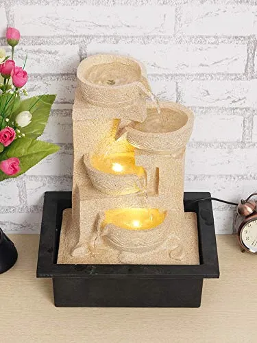 CRAFT SMITH Polyresin Table Top Cream Colour Designer Indoor 4 Diya Steps Waterfall Fountain for Home Decor with Yellow LED & Water Flow Controller Pump (Size: 38 x 29.5 x 22CM | Weight: 2000 Gram)