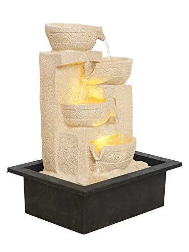 CRAFT SMITH Polyresin Table Top Cream Colour Designer Indoor 4 Diya Steps Waterfall Fountain for Home Decor with Yellow LED & Water Flow Controller Pump (Size: 38 x 29.5 x 22CM | Weight: 2000 Gram)