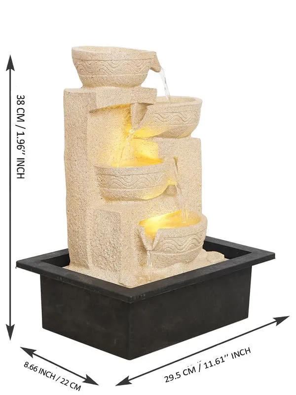 CRAFT SMITH Polyresin Table Top Cream Colour Designer Indoor 4 Diya Steps Waterfall Fountain for Home Decor with Yellow LED & Water Flow Controller Pump (Size: 38 x 29.5 x 22CM | Weight: 2000 Gram)