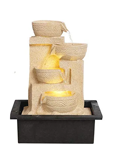 CRAFT SMITH Polyresin Table Top Cream Colour Designer Indoor 4 Diya Steps Waterfall Fountain for Home Decor with Yellow LED & Water Flow Controller Pump (Size: 38 x 29.5 x 22CM | Weight: 2000 Gram)