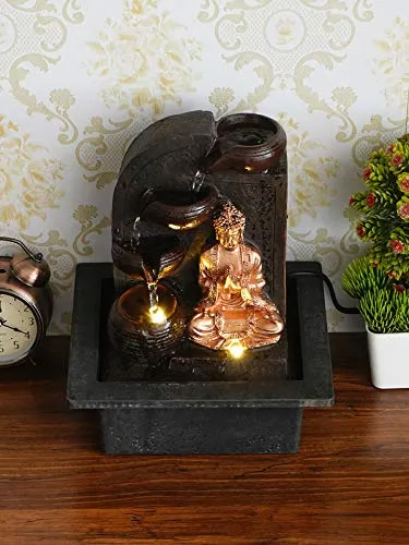 CRAFT SMITH Polyresin Table Top Golden Brown Namaskara Mudra Buddha Home Decor Indoor 3 Steps Water Fountain with Yellow LED Lights & Speed Controller Pump (Size: 25 x 21 x 18.5CM | Weight: 1170grm)