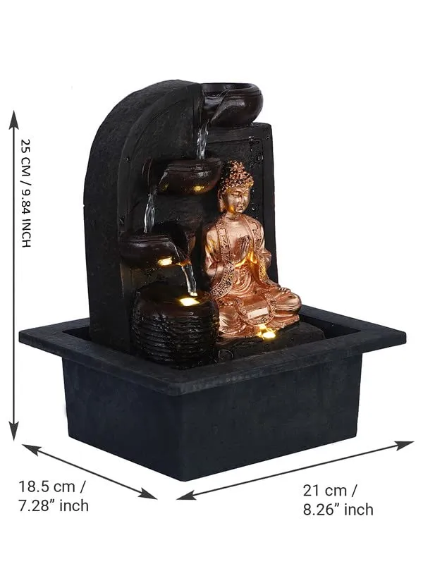 CRAFT SMITH Polyresin Table Top Golden Brown Namaskara Mudra Buddha Home Decor Indoor 3 Steps Water Fountain with Yellow LED Lights & Speed Controller Pump (Size: 25 x 21 x 18.5CM | Weight: 1170grm)