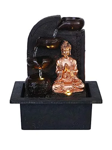 CRAFT SMITH Polyresin Table Top Golden Brown Namaskara Mudra Buddha Home Decor Indoor 3 Steps Water Fountain with Yellow LED Lights & Speed Controller Pump (Size: 25 x 21 x 18.5CM | Weight: 1170grm)