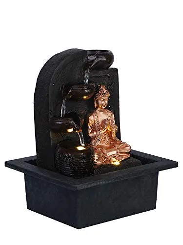 CRAFT SMITH Polyresin Table Top Golden Brown Namaskara Mudra Buddha Home Decor Indoor 3 Steps Water Fountain with Yellow LED Lights & Speed Controller Pump (Size: 25 x 21 x 18.5CM | Weight: 1170grm)