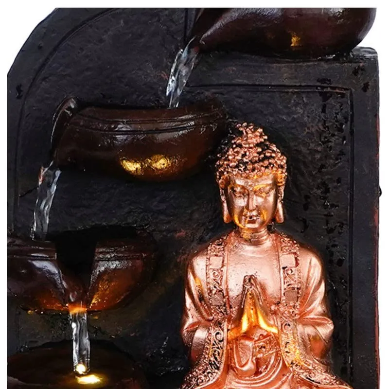 CRAFT SMITH Polyresin Table Top Golden Brown Namaskara Mudra Buddha Home Decor Indoor 3 Steps Water Fountain with Yellow LED Lights & Speed Controller Pump (Size: 25 x 21 x 18.5CM | Weight: 1170grm)