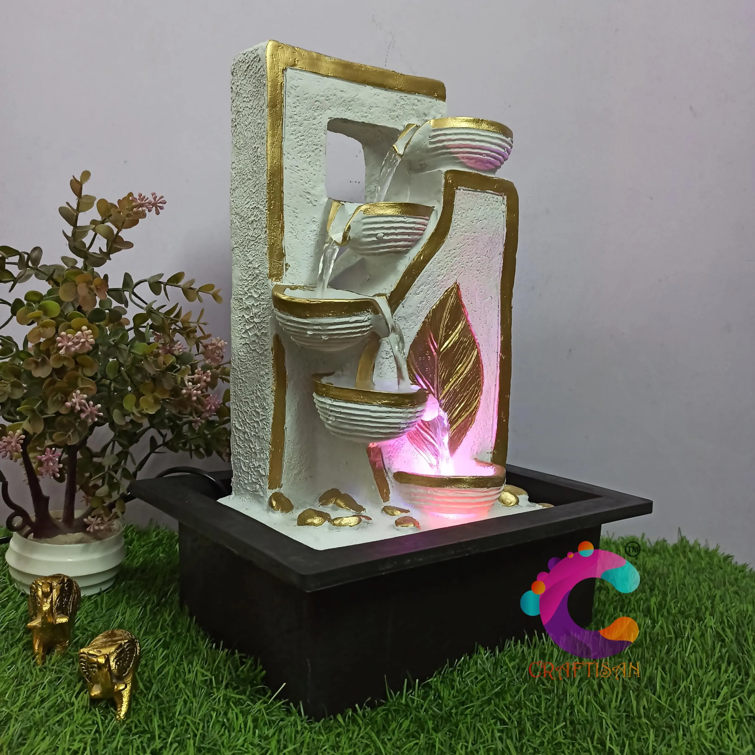 Craftisan™ Polyresin Designer Table Top/Indoor 4 Tier Waterfall Fountain Indoor Home Decor with Multicolour LED Light and Water Flow Control Pump (Size: 40 x 29.5 x 22 CM) (UR-040)