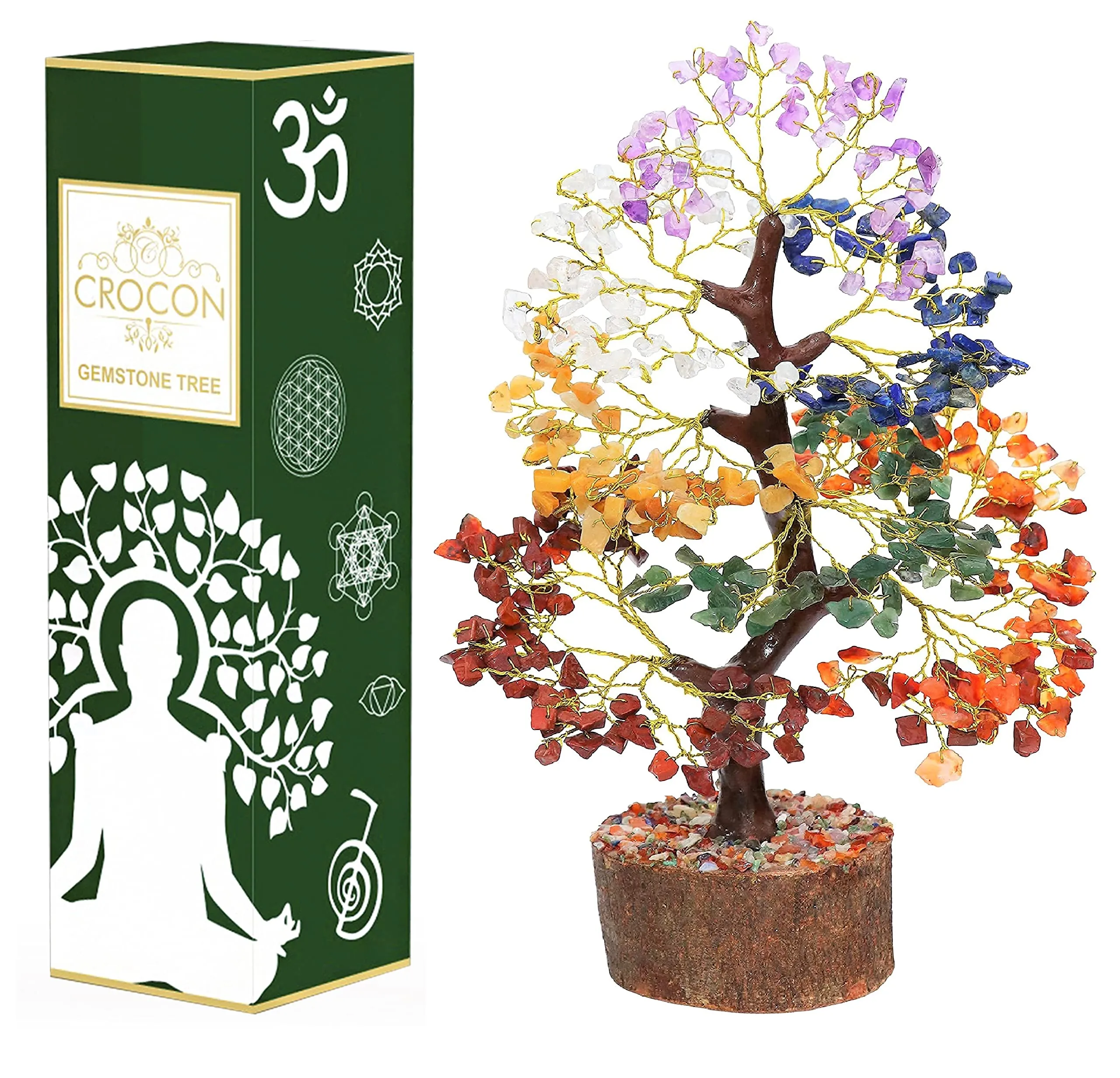 Crocon Seven Chakra Christmas Decoration Gemstone Tree Feng Shui Figurine Money Bonsai Good Luck Reiki Healing Crystals Ornament Sculpture Wealth Prosperity Table Room Decor Gift Size 10-12"