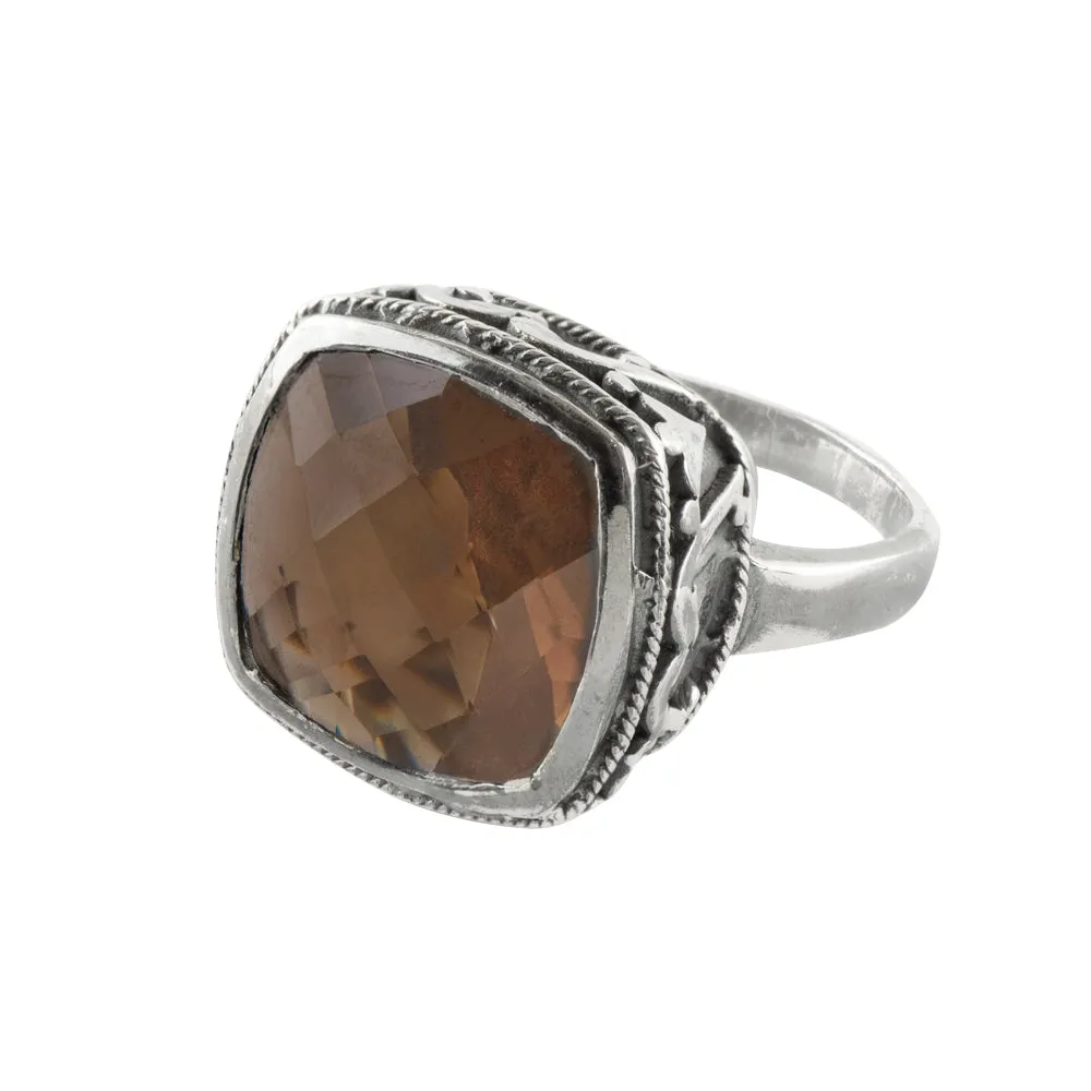 Cushion Cut Cocktail Ring in Smoky Quartz & Antiqued Sterling