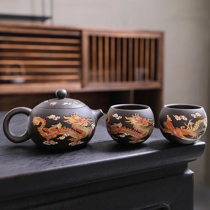 Dragon and Phoenix Auspicious Zisha Pot Set