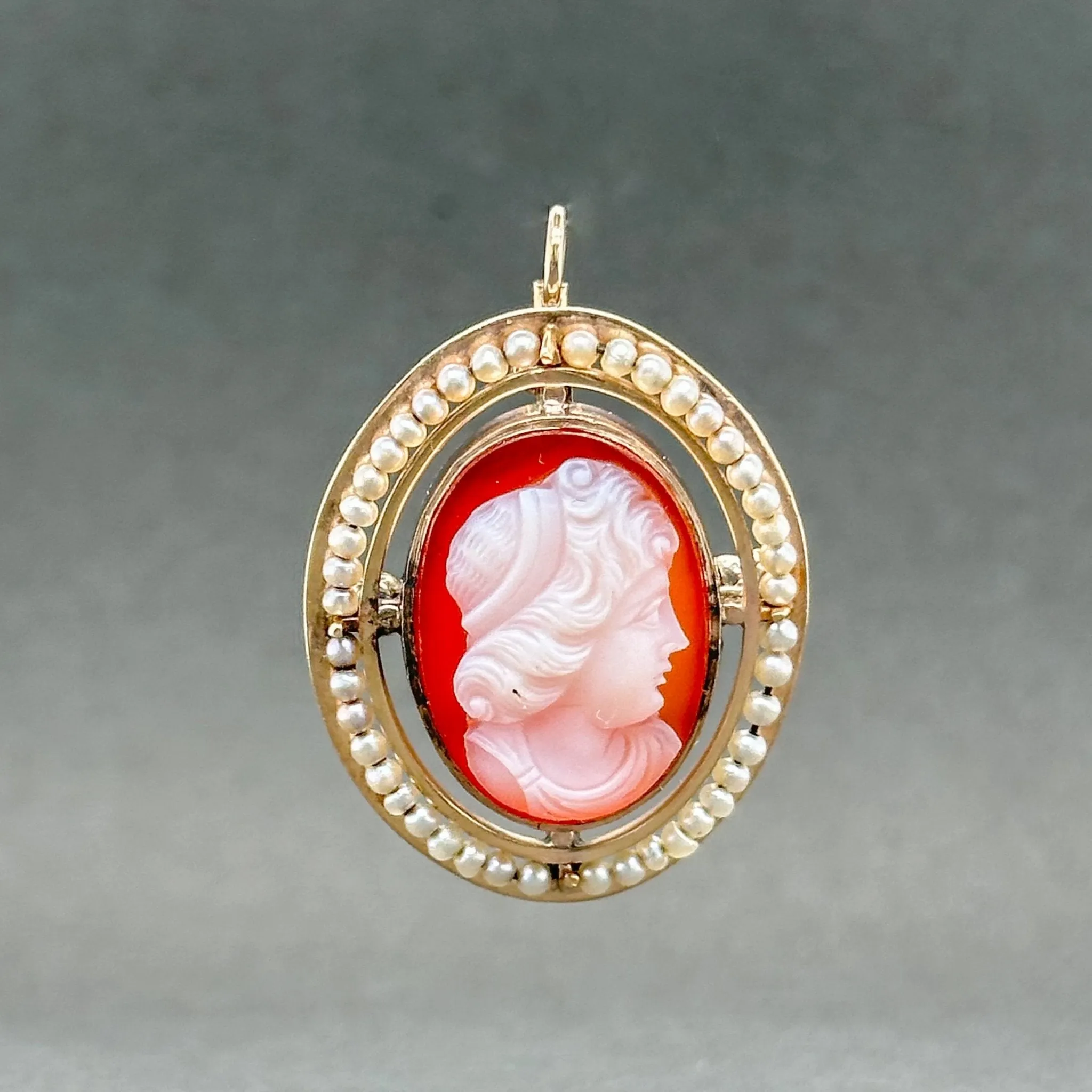 Estate Victorian 10K R Gold 3.25ct Carnelian & Seed Pearl Cameo Pin/Pendant