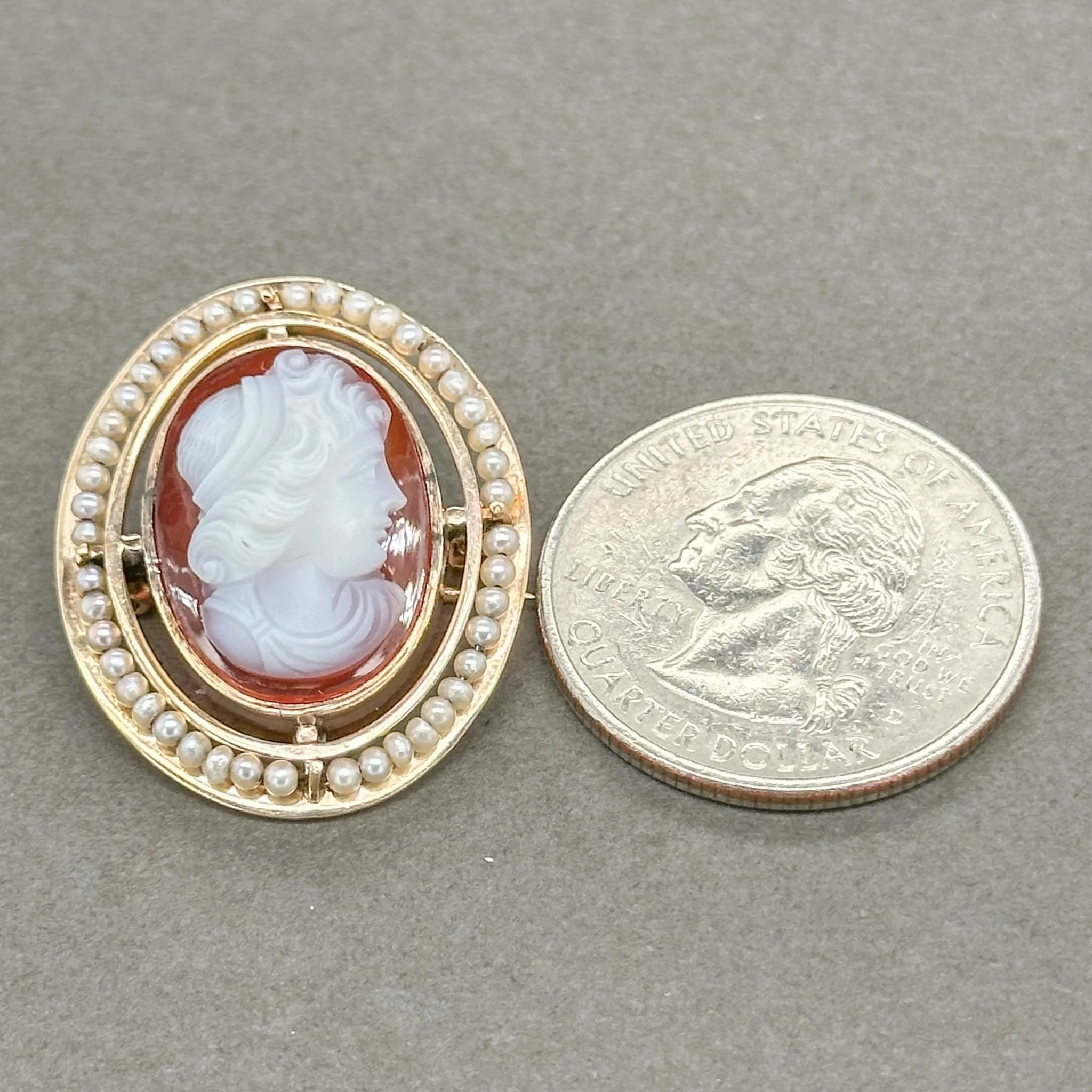 Estate Victorian 10K R Gold 3.25ct Carnelian & Seed Pearl Cameo Pin/Pendant