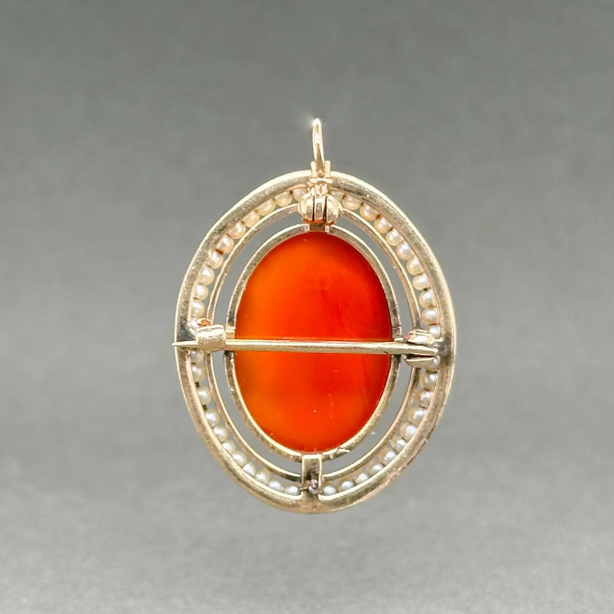 Estate Victorian 10K R Gold 3.25ct Carnelian & Seed Pearl Cameo Pin/Pendant