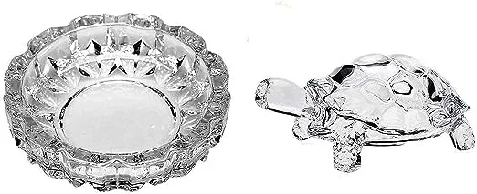 FAIRY FIRST® Feng Shui Crystal Tortoise | Turtle with Crystal Plate for Good Luck Crystal Kachua Plate Bowl Tortoise On Plate Showpiece for Good Luck Turtle Vastu for Career and Luck (Glass, White)