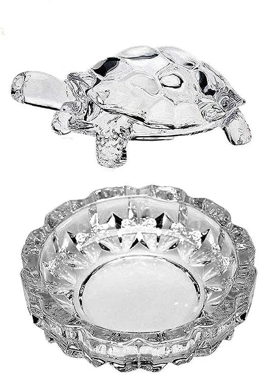 FAIRY FIRST® Feng Shui Crystal Tortoise | Turtle with Crystal Plate for Good Luck Crystal Kachua Plate Bowl Tortoise On Plate Showpiece for Good Luck Turtle Vastu for Career and Luck (Glass, White)