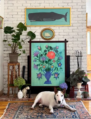 'Fantastical Flowers in Blue Vase' -fireplace screen