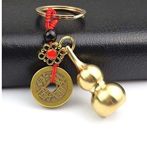 Feng Shui Brass Wu Lou Gourd Key Chain with Chinese Feng Shui Coins for Good Luck Fortune, Brass Calabash Gourd with Good Luck Fortune Coins and Chinese Knot for Longevity, Wealth and Success (Red)