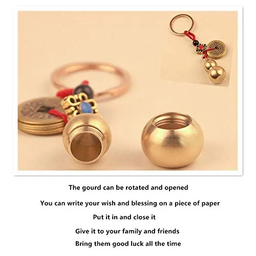 Feng Shui Brass Wu Lou Gourd Key Chain with Chinese Feng Shui Coins for Good Luck Fortune, Brass Calabash Gourd with Good Luck Fortune Coins and Chinese Knot for Longevity, Wealth and Success (Red)