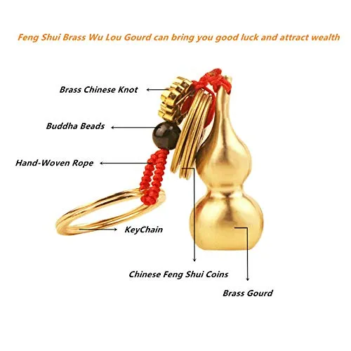 Feng Shui Brass Wu Lou Gourd Key Chain with Chinese Feng Shui Coins for Good Luck Fortune, Brass Calabash Gourd with Good Luck Fortune Coins and Chinese Knot for Longevity, Wealth and Success (Red)