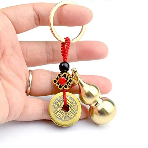 Feng Shui Brass Wu Lou Gourd Key Chain with Chinese Feng Shui Coins for Good Luck Fortune, Brass Calabash Gourd with Good Luck Fortune Coins and Chinese Knot for Longevity, Wealth and Success (Red)