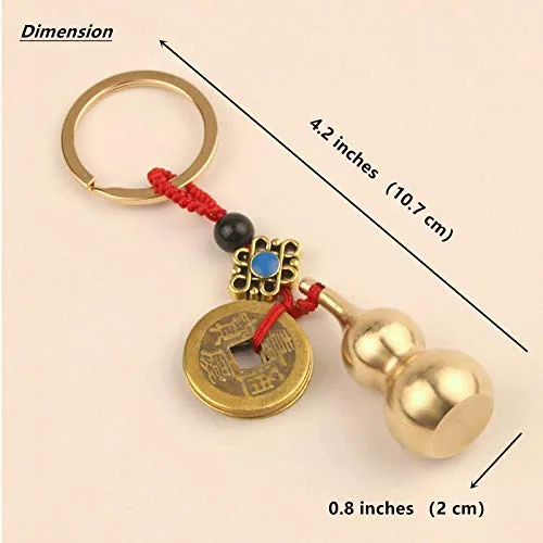 Feng Shui Brass Wu Lou Gourd Key Chain with Chinese Feng Shui Coins for Good Luck Fortune, Brass Calabash Gourd with Good Luck Fortune Coins and Chinese Knot for Longevity, Wealth and Success (Red)