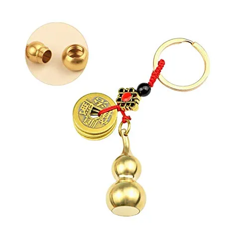 Feng Shui Brass Wu Lou Gourd Key Chain with Chinese Feng Shui Coins for Good Luck Fortune, Brass Calabash Gourd with Good Luck Fortune Coins and Chinese Knot for Longevity, Wealth and Success (Red)