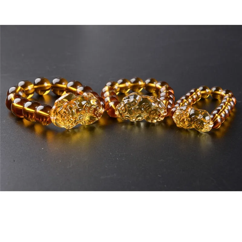 Feng Shui Pi Xiu Yellow Beads Bracelet Lucky Charm Dragon Pixiu Crystal Bracelet